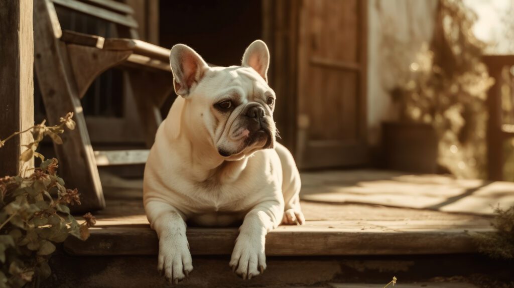 white french bulldog laying on the porch with a farm house in the background