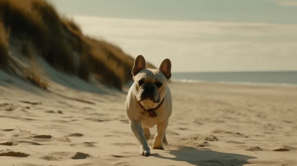 image of a white french bulldog running on the beach with a timeless photo ambient wash