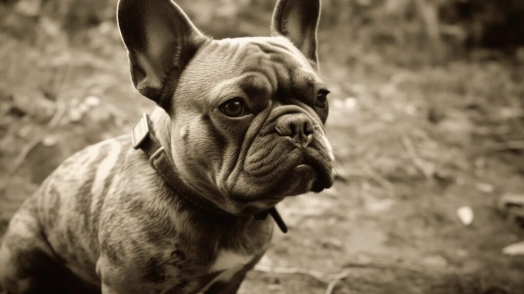 a french bulldog sitting outdoors, with a brown tone wash over the photo