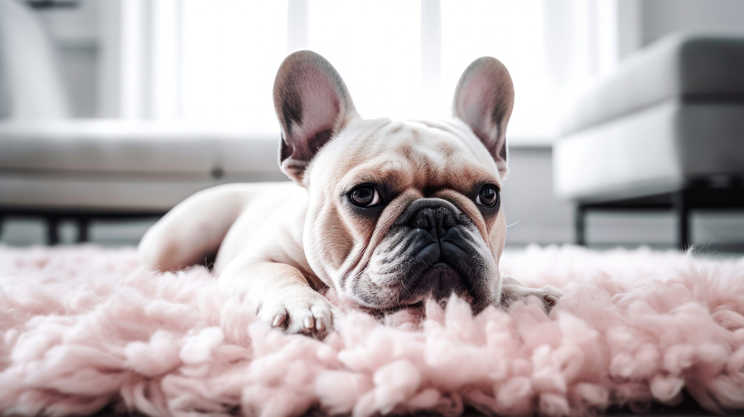 4k hd size wallpaper image of small french bulldog laying down on a pink carpet