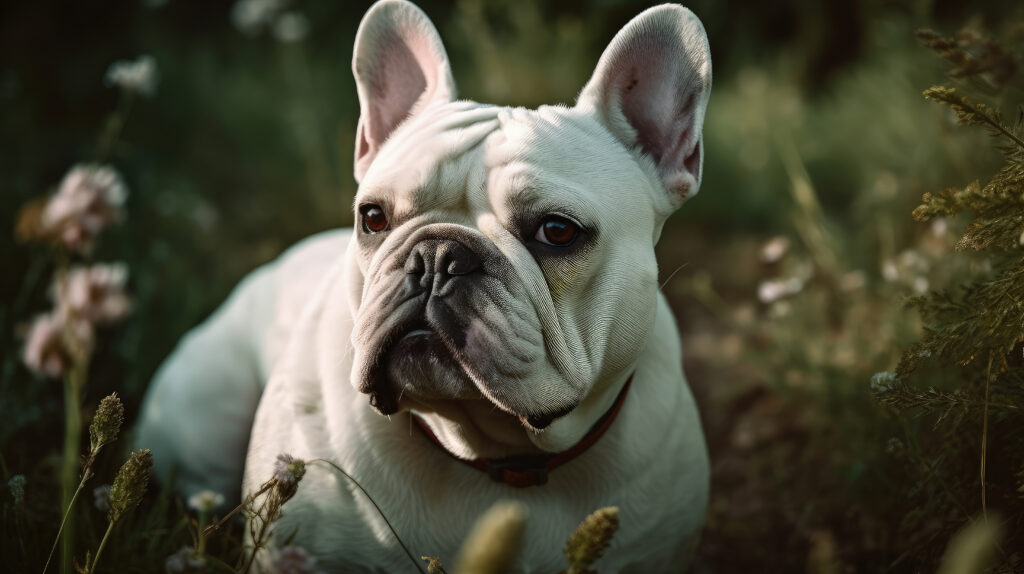 Cute photo of a white frenchy bulldog laying in green grass, with a timeless green wash over the photo