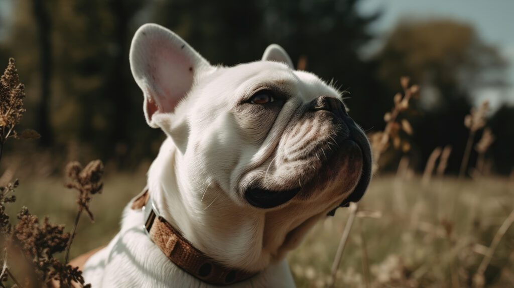 beautiful image of a white french bulldog in a grassy field with a timeless photo wash
