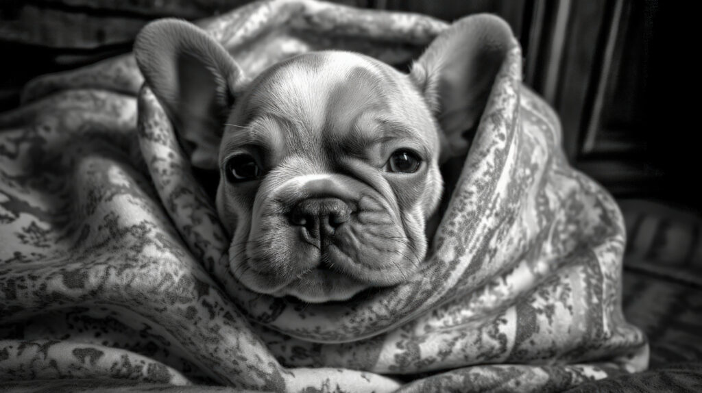 black and white image of a frenchie pup wrapped in a blanket