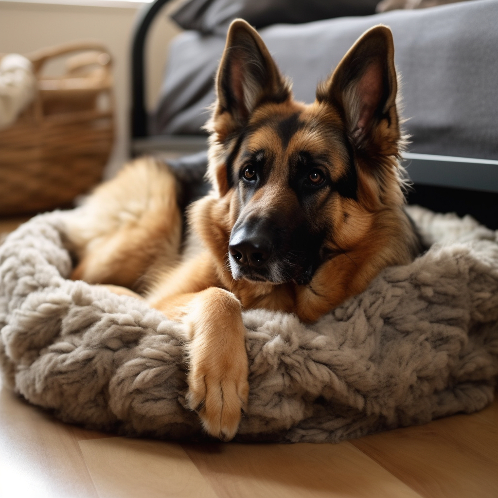 german shepherd dog laying in a cozy dog bed