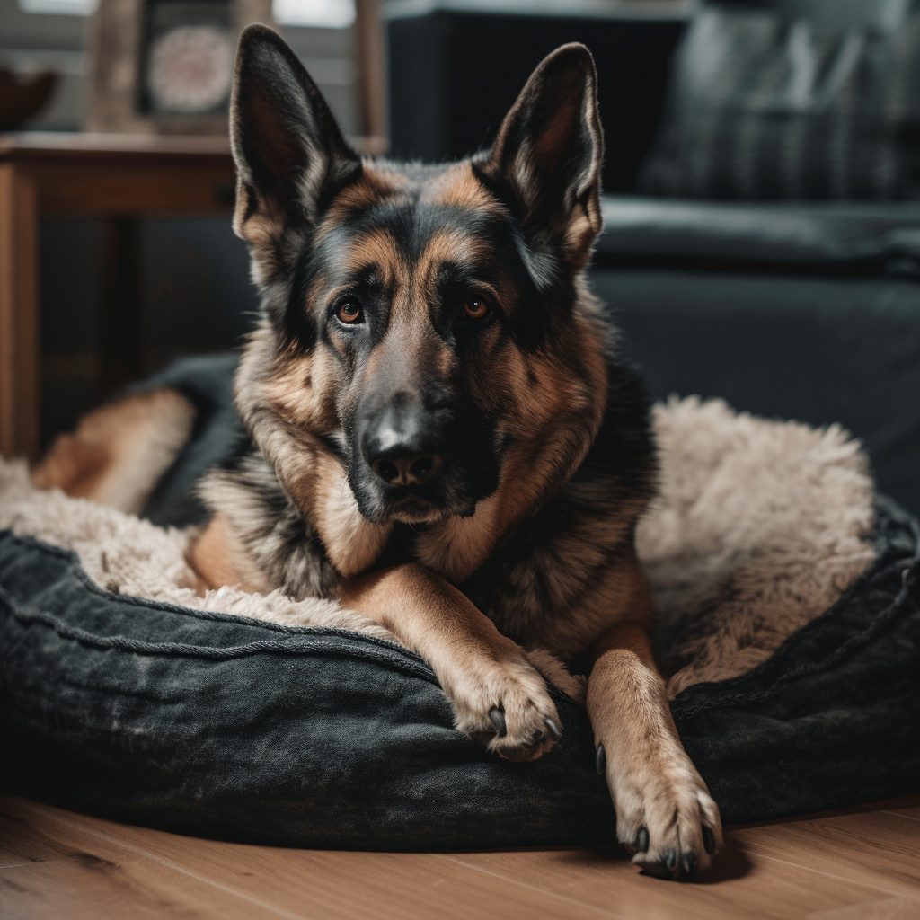 adult German Shepherd dog laying in his dog bed