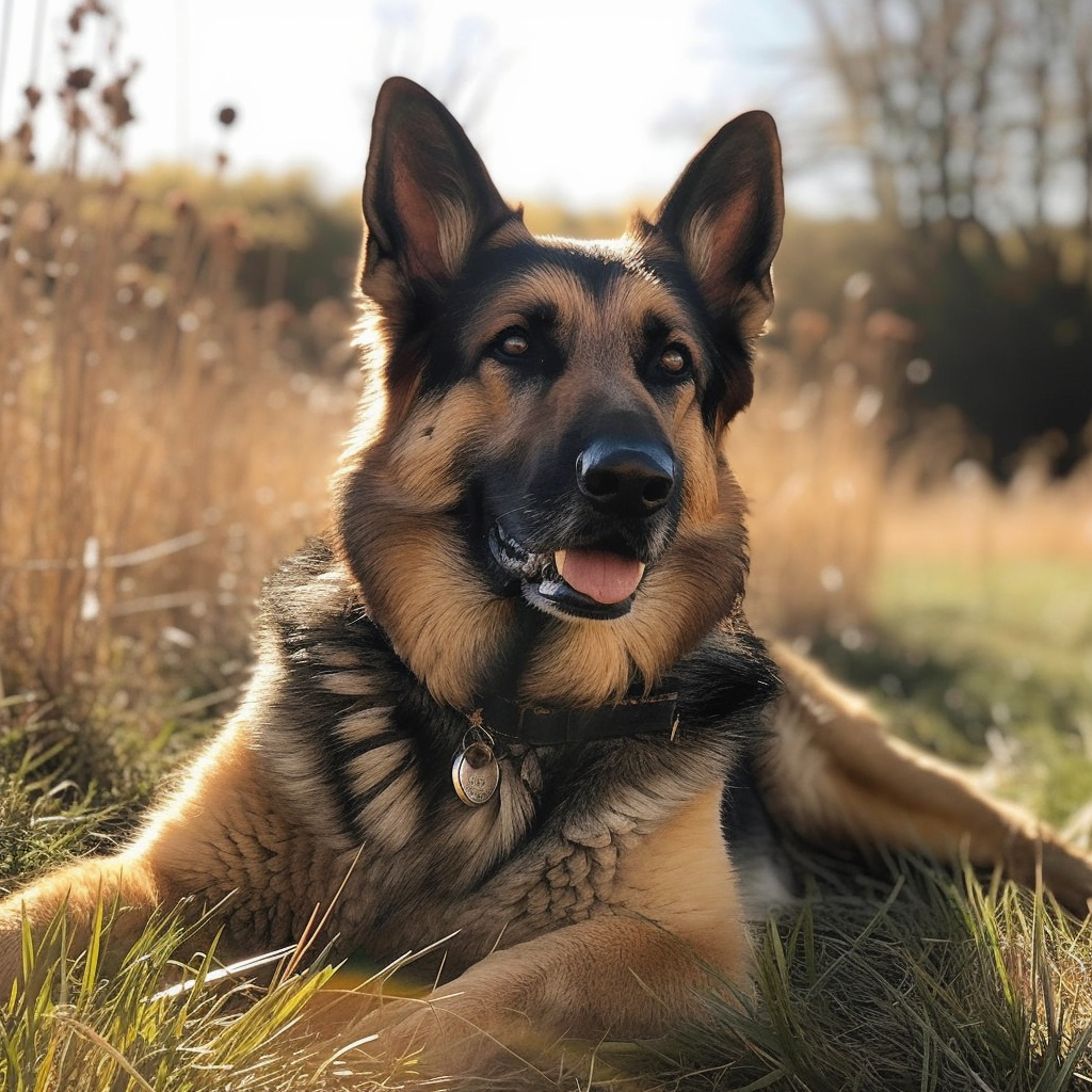 german shepherd lying down in the grass on a sunny day
