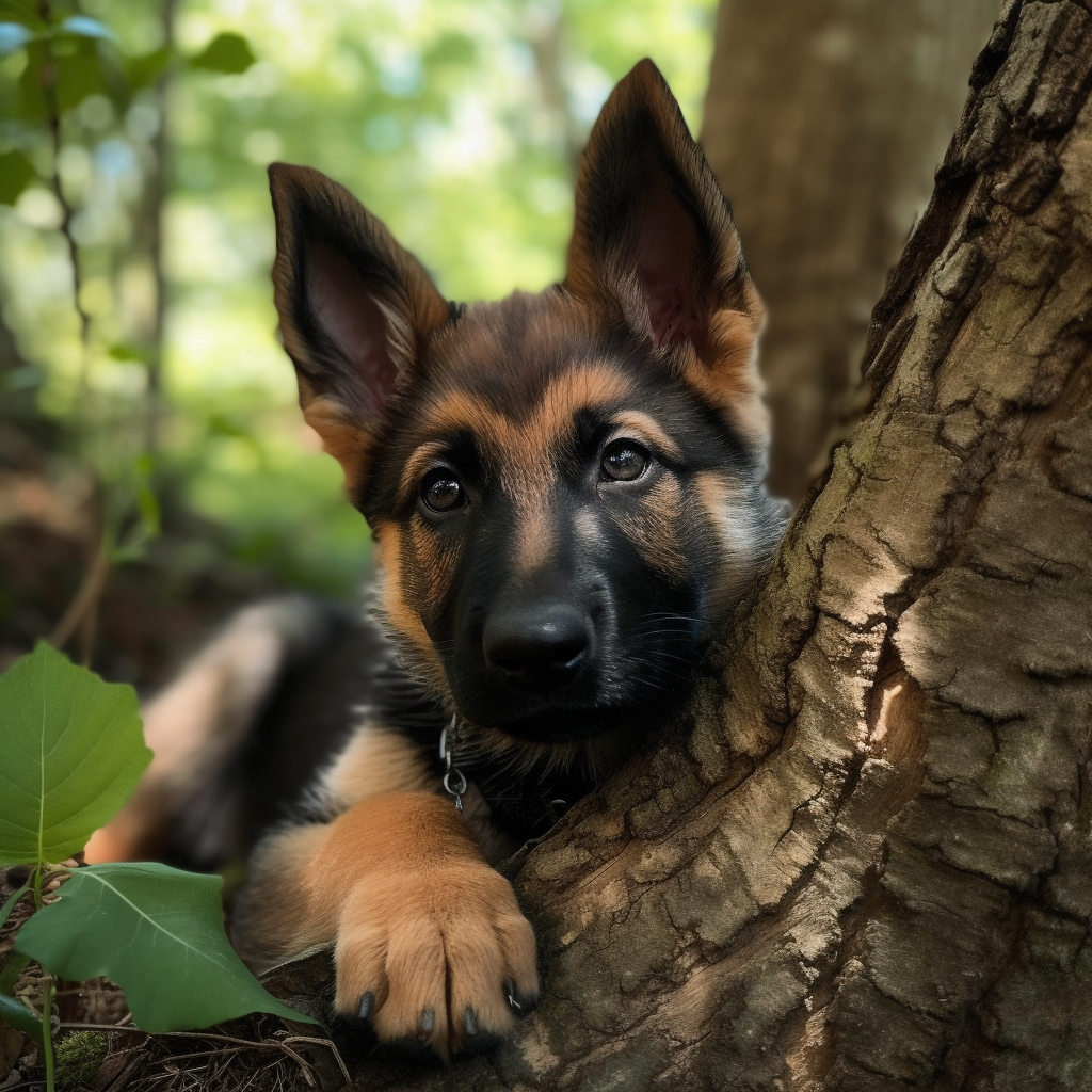 cute german shepherd puppy sitting by a tree in the yard