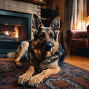 A German Shepherd laying down in front of the fireplace