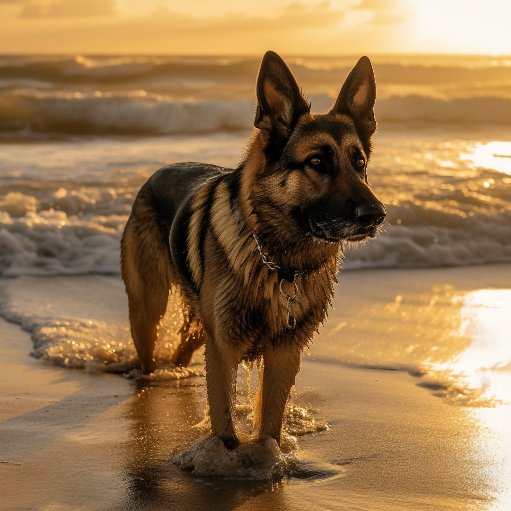German Shepherd dog standing on the beach around sunset
