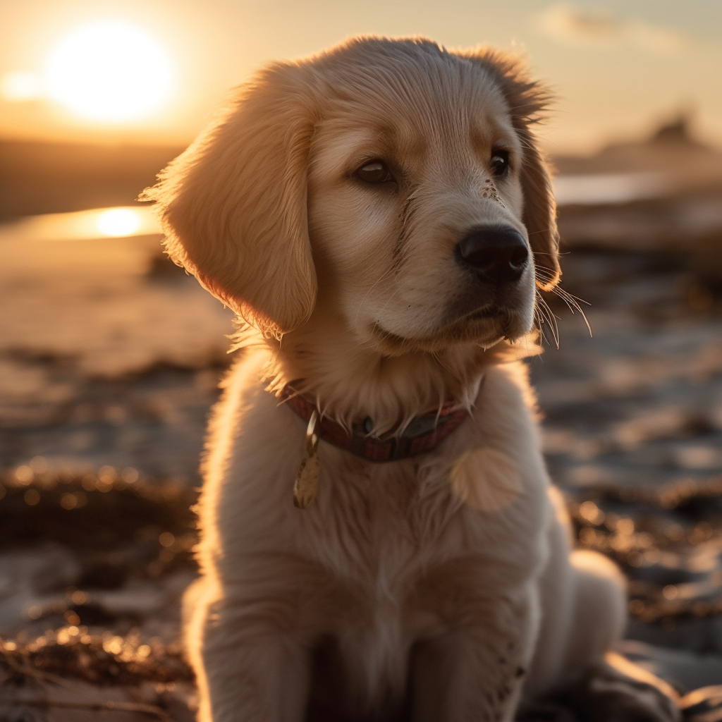 cute puppy on the beach with a scenic sunset background