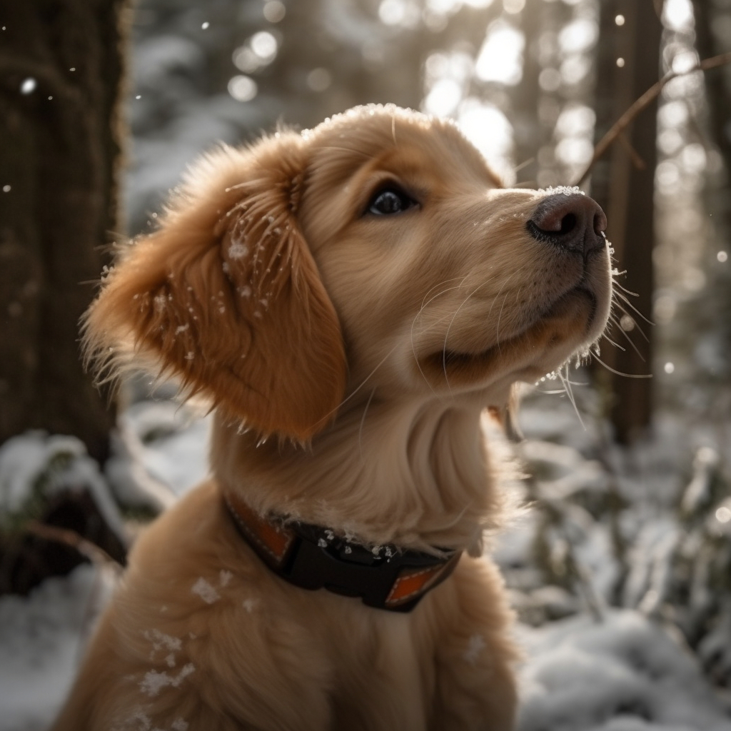 The cutest puppy picture of a golden retriever outside in the snow