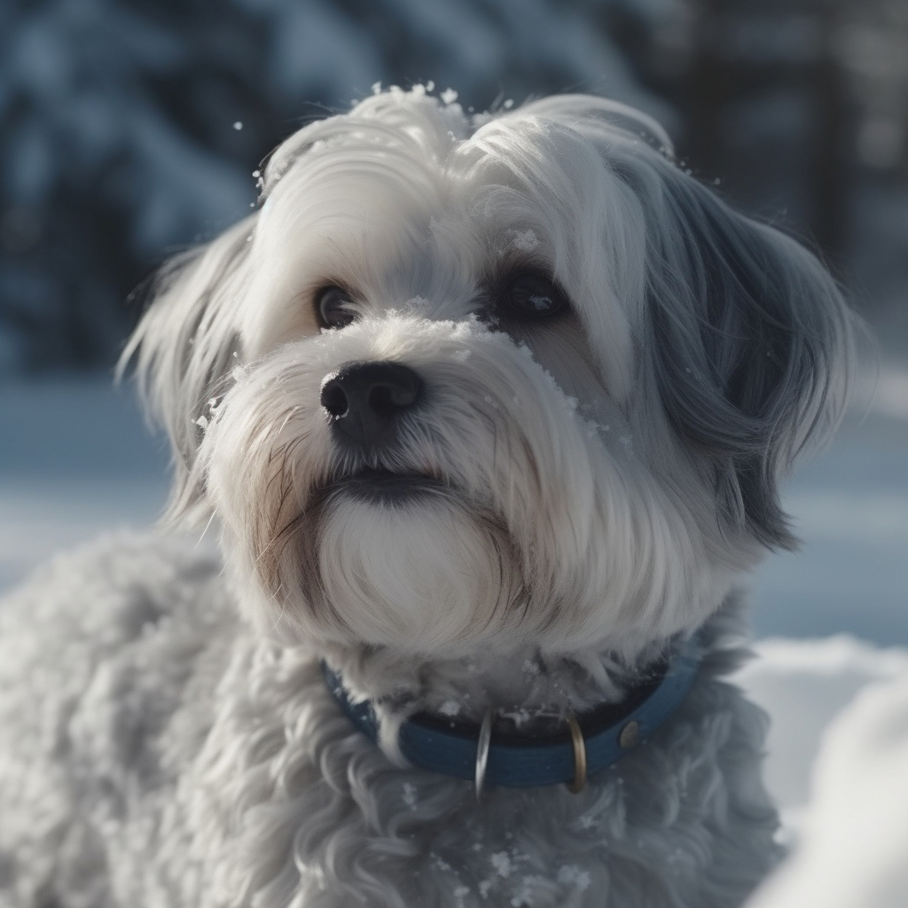 beautiful picture of a Havanese dog in the snow with soft white and blue tones and a blue collar
