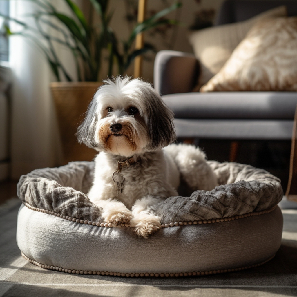 havanese laying in his stylish stuffed dog bed