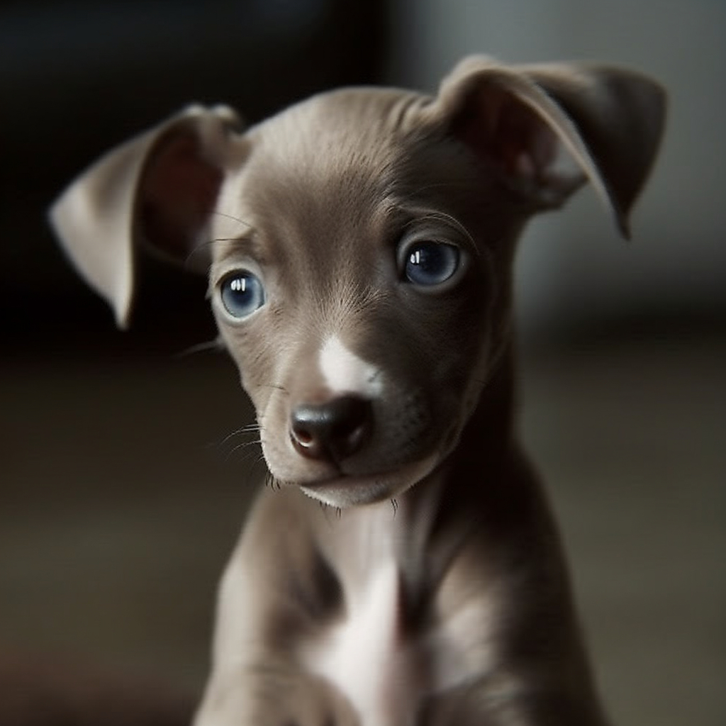 adorable grey Italian Greyhound puppy with blue eyes looking at the camera
