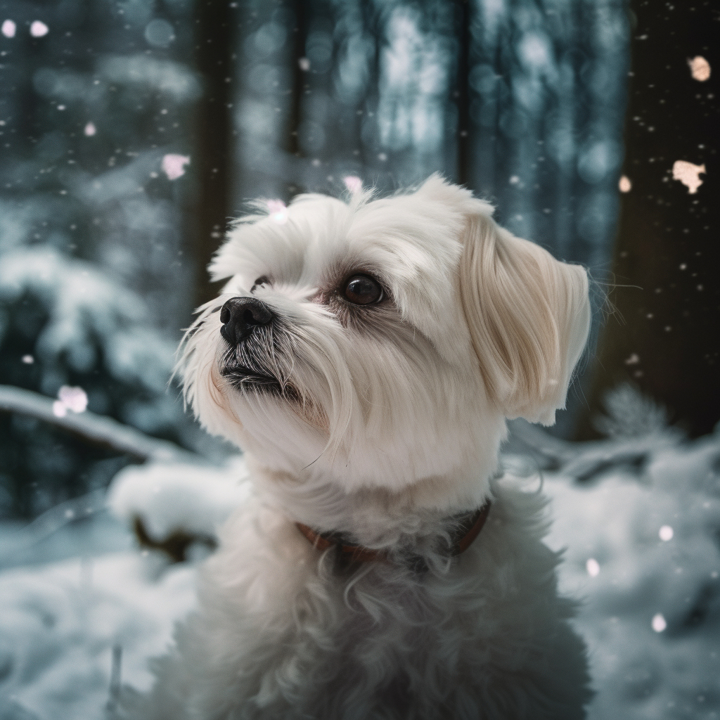 stunning maltese picture in the woods while its snowing outside