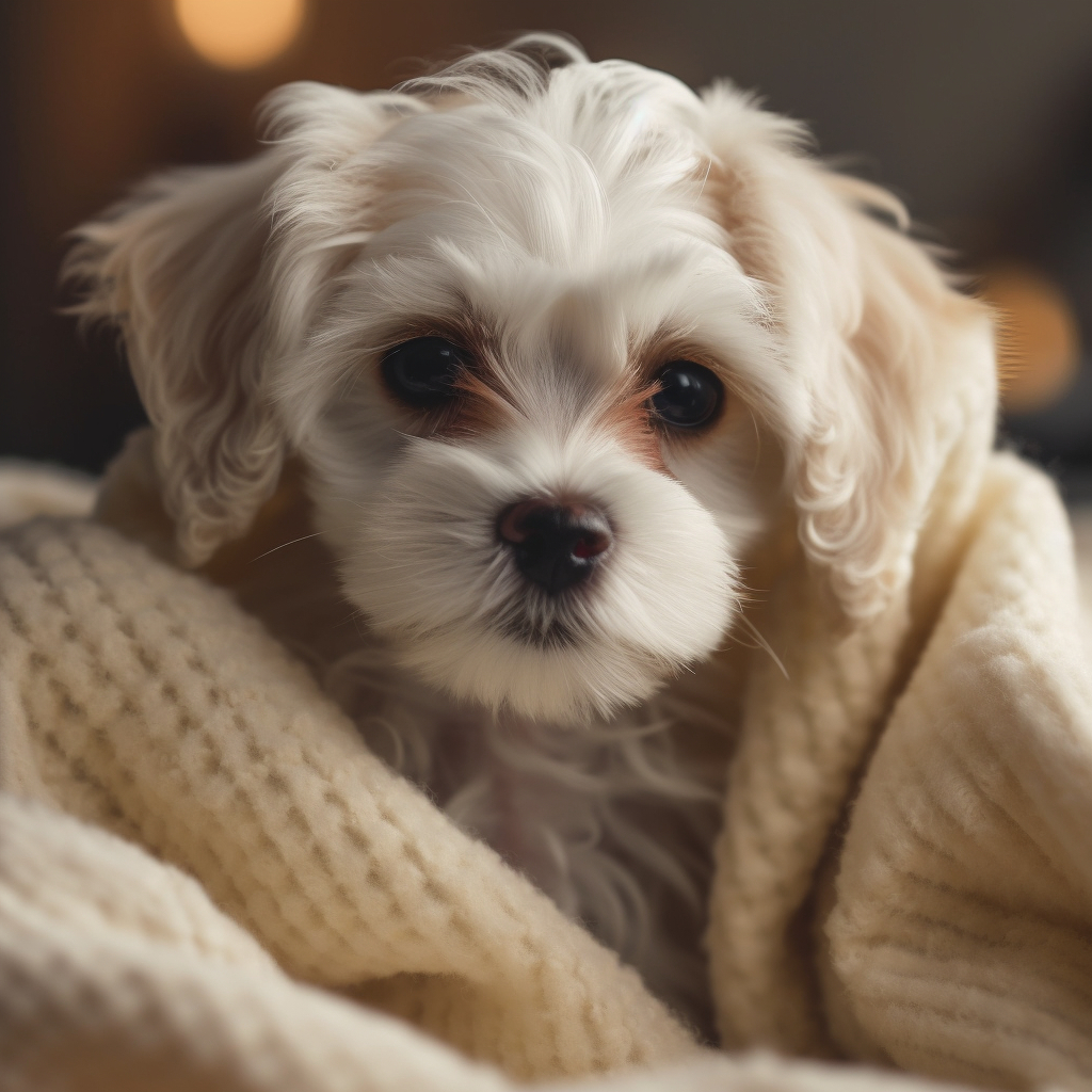 Cute Maltese puppy wrapped in a blanket