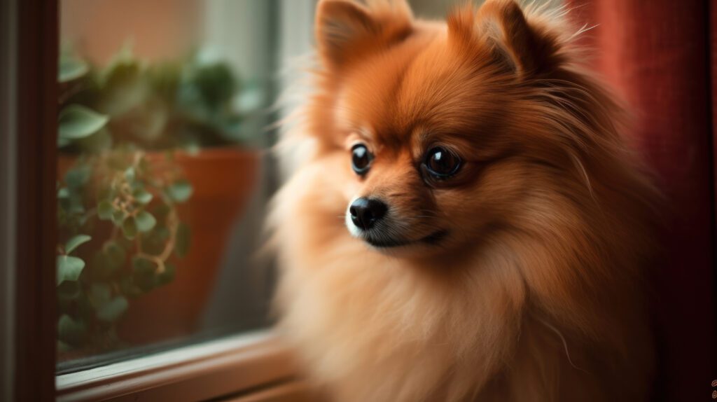 pic of a pomeranian looking out the window in high detail