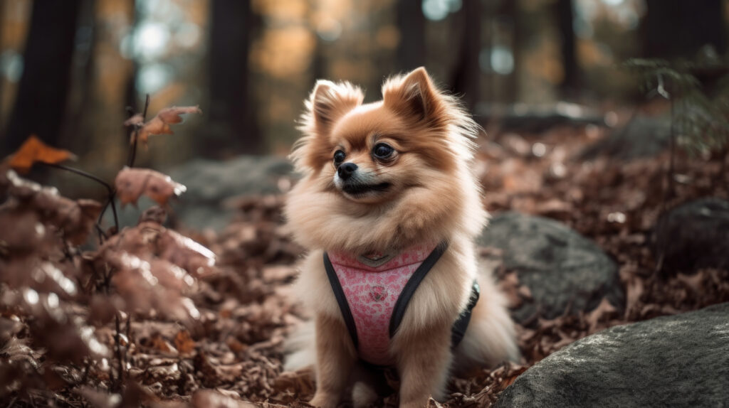 Pomeranian in the woods with a pink harness on