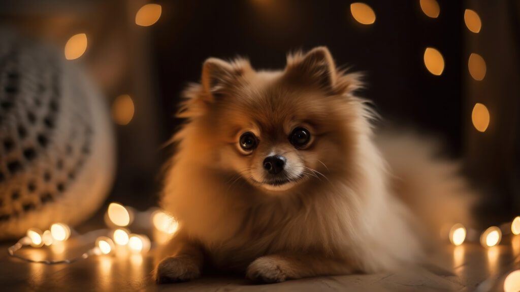 super cute pomeranian wallpaper featuring ambient lights surrounding the pom