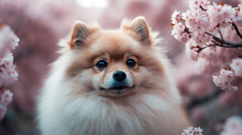 beautiful pomeranian picture with pink blossom tree flowers in the background in 4k ultra hd resolution