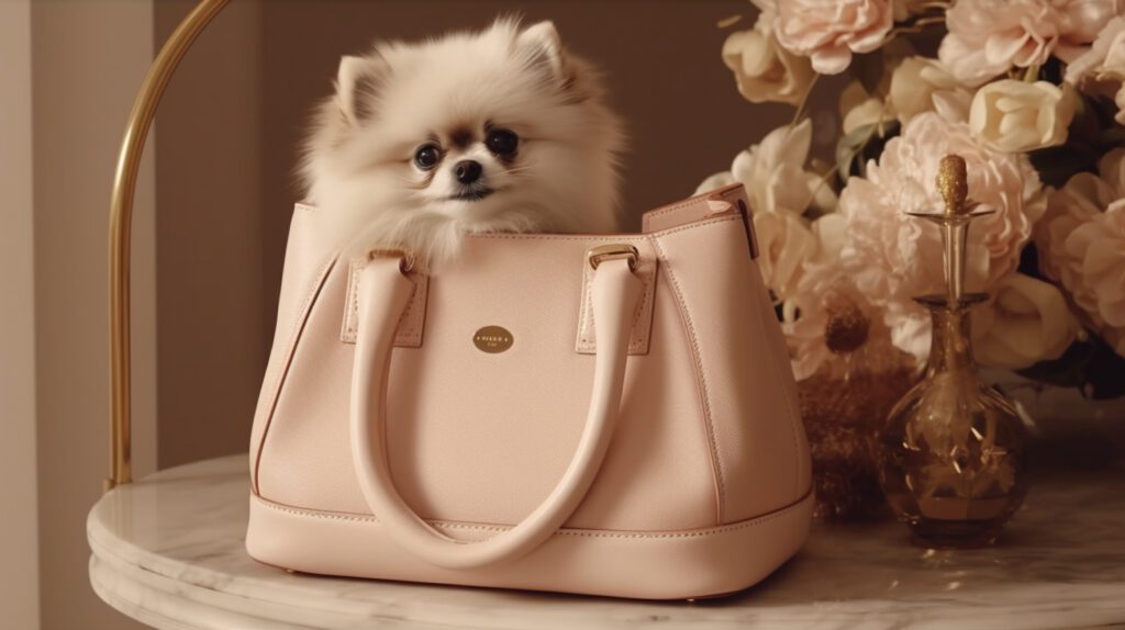 funny photo of a white pom peeking out from a pink designer purse