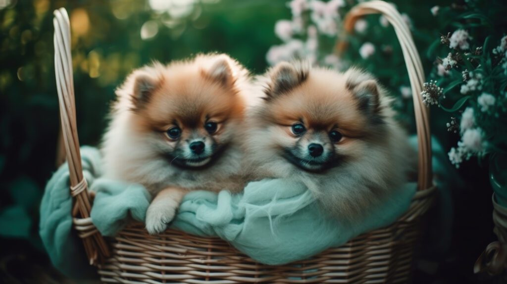 super cute pomeranians hanging out in a small wood basket with a teal cloth and flowers in the background