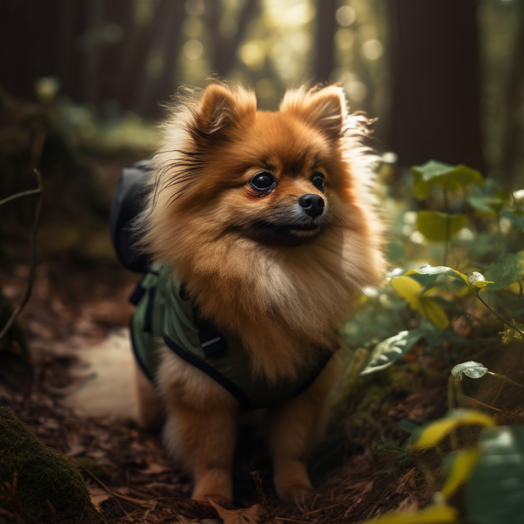 cute pomeranian puppy picture in the woods with a vest on