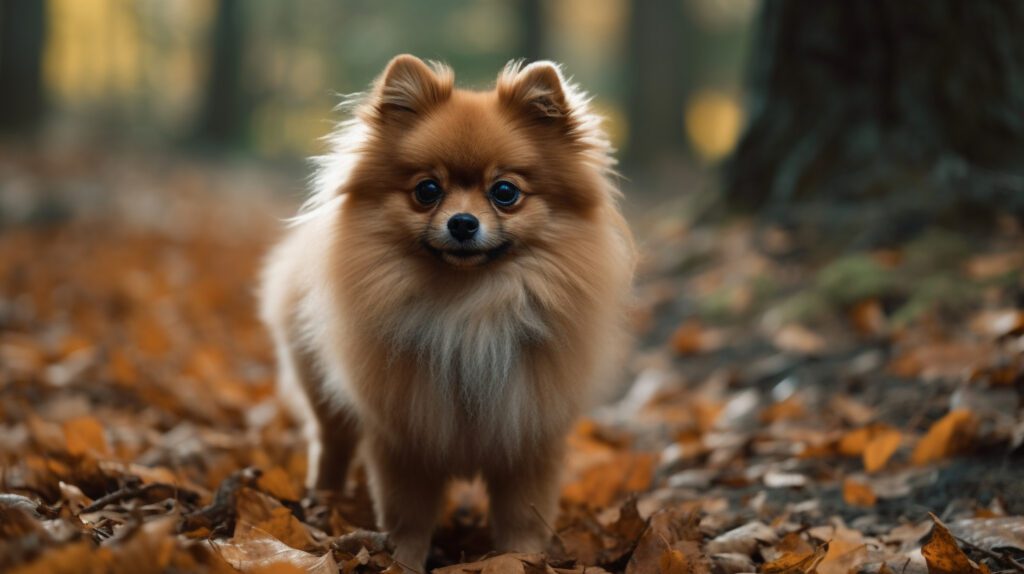 charming pic of a Pomeranian standing outside on top of a pile of leaves with trees in the background