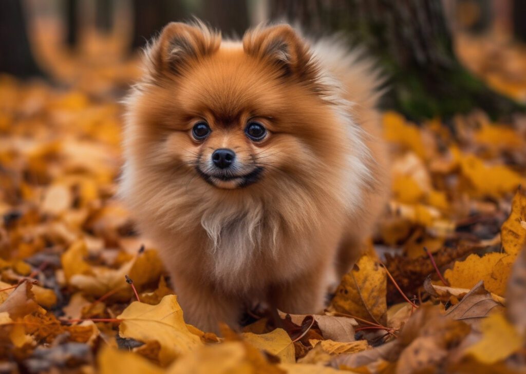 adorable picture of a pomeranian standing in the fall leaves