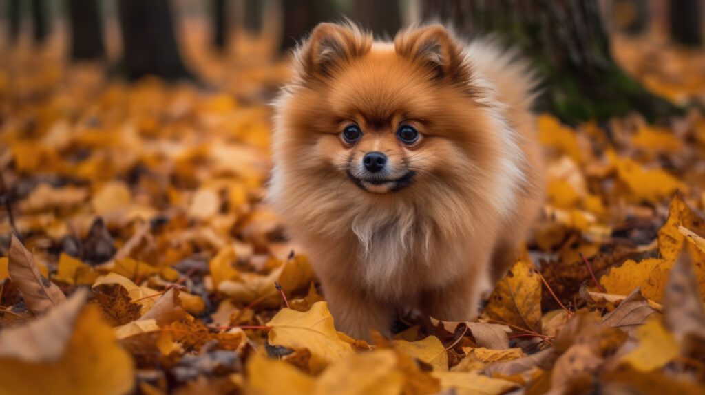 stunning image of a pomeranian dog walking through brown autumn leaves