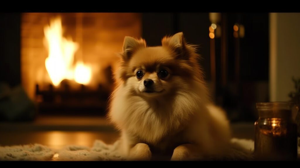 beautiful image of a Pomeranian dog laying down in front of a lit fireplace and cozy rug