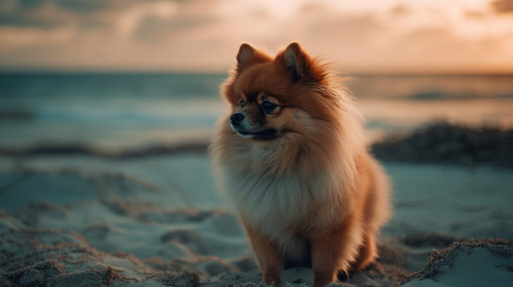 stunning wallpaper image of a Pomeranian on the beach at sunset