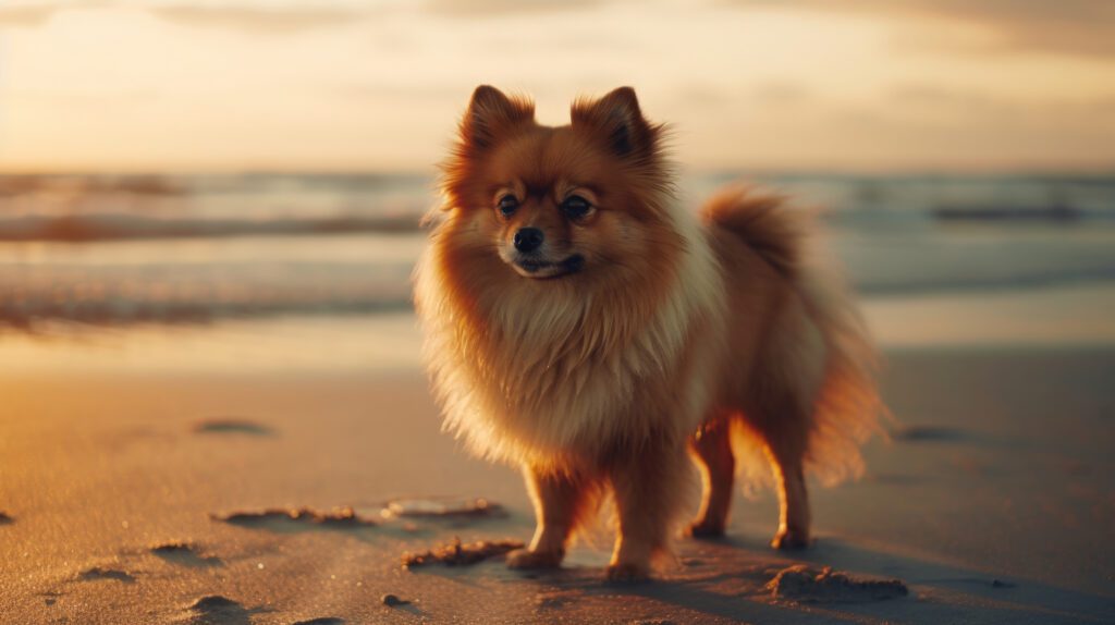 wallpaper image of a pomeranian standing on the beach at sunset