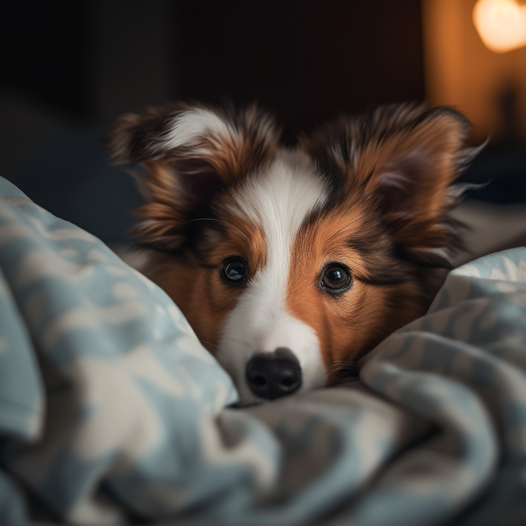 cute puppy snuggled into the blankets
