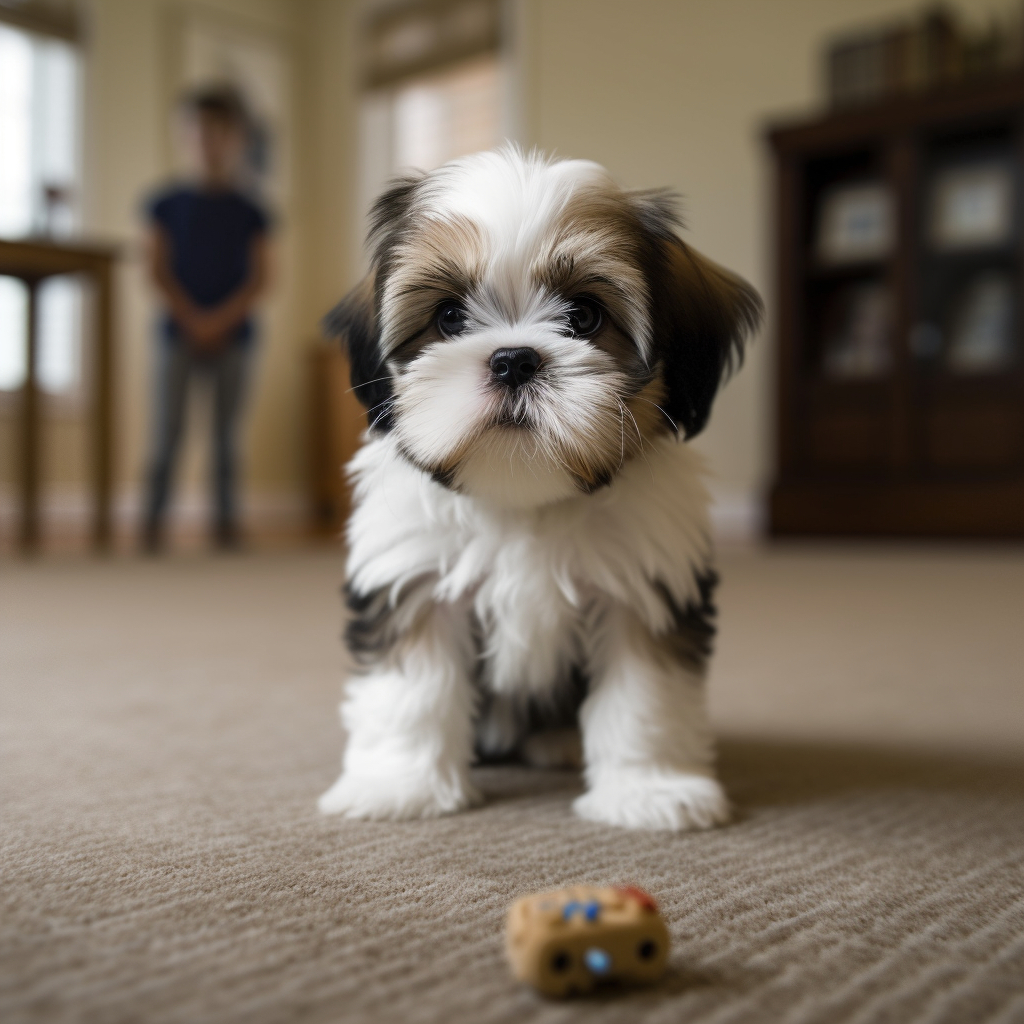 shih tzu puppy picture playing with a toy
