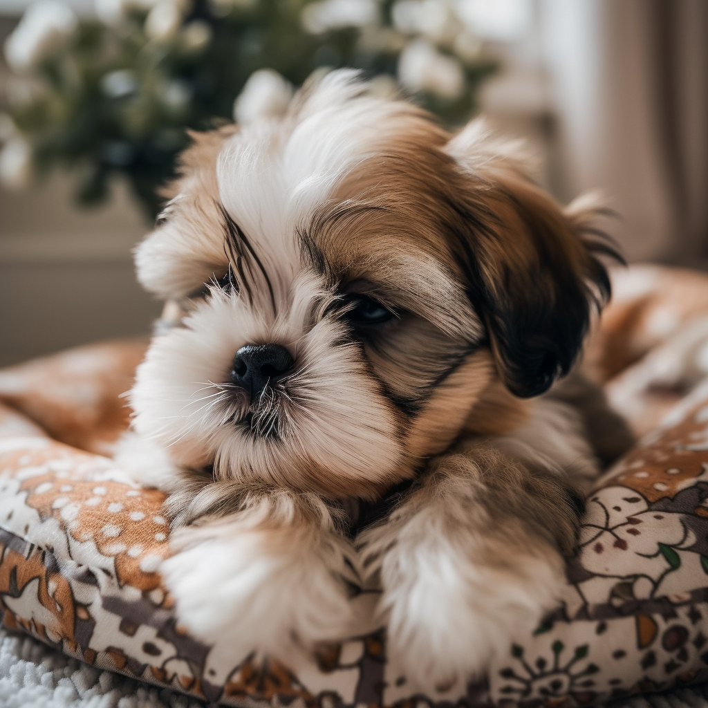 extremely cute shih tzu dog snuggled up in its bed