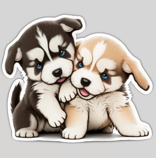 image art of two husky puppies playing with solid background