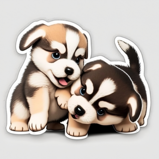 image of two husky puppies playing with white sticker cutout