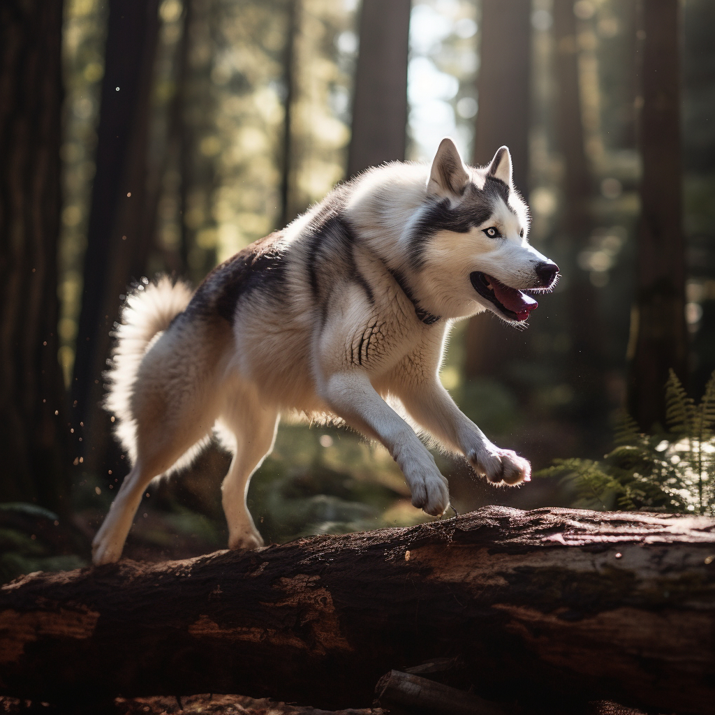 husky dog jumping over a log during a hike in the woods