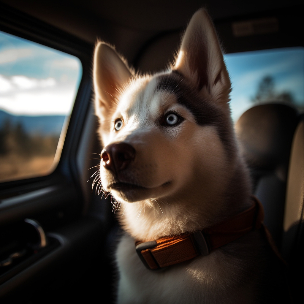 cute Husky riding in the car looking out the window