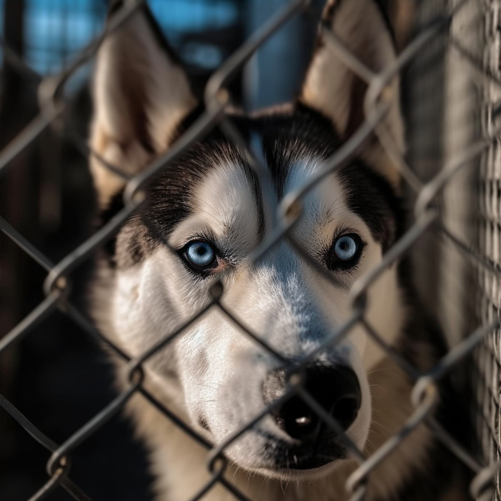 Siberian Husky looking out of a cage