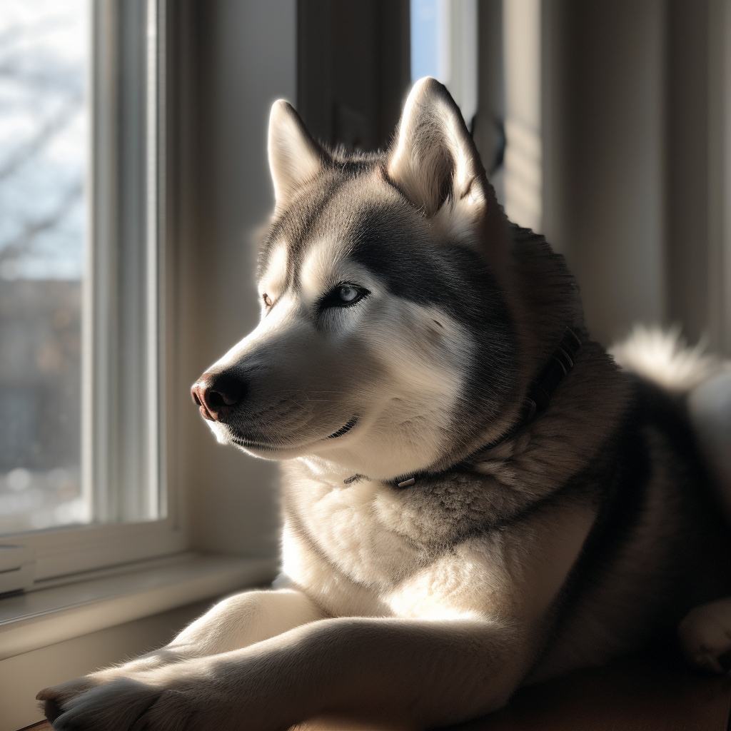 beautiful siberian husky dog sitting on the window ledge looking outside