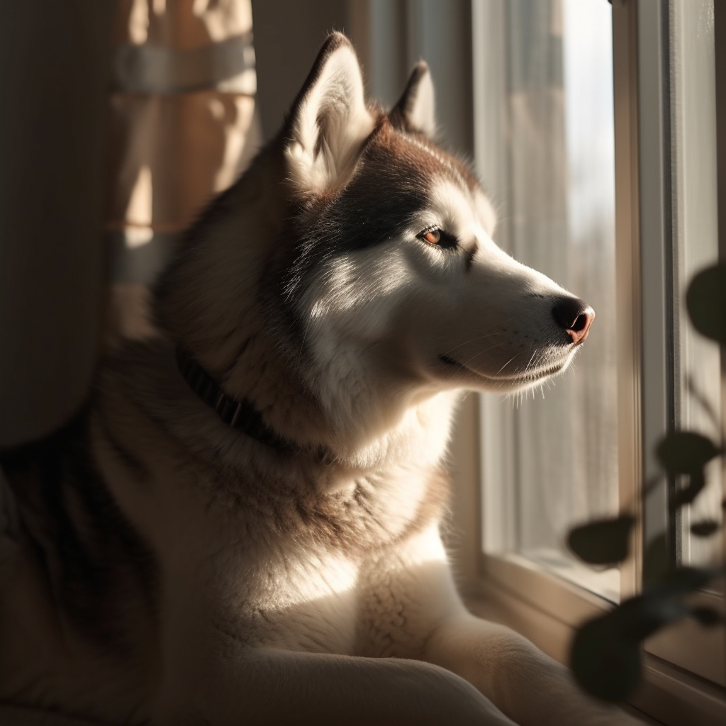 cute photo of a husky dog looking out the window waiting for his owner to return home