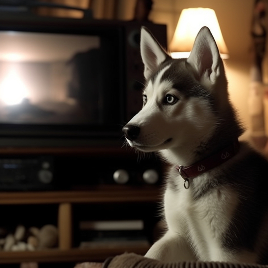 cute husky puppy looking alert with a tv in the background