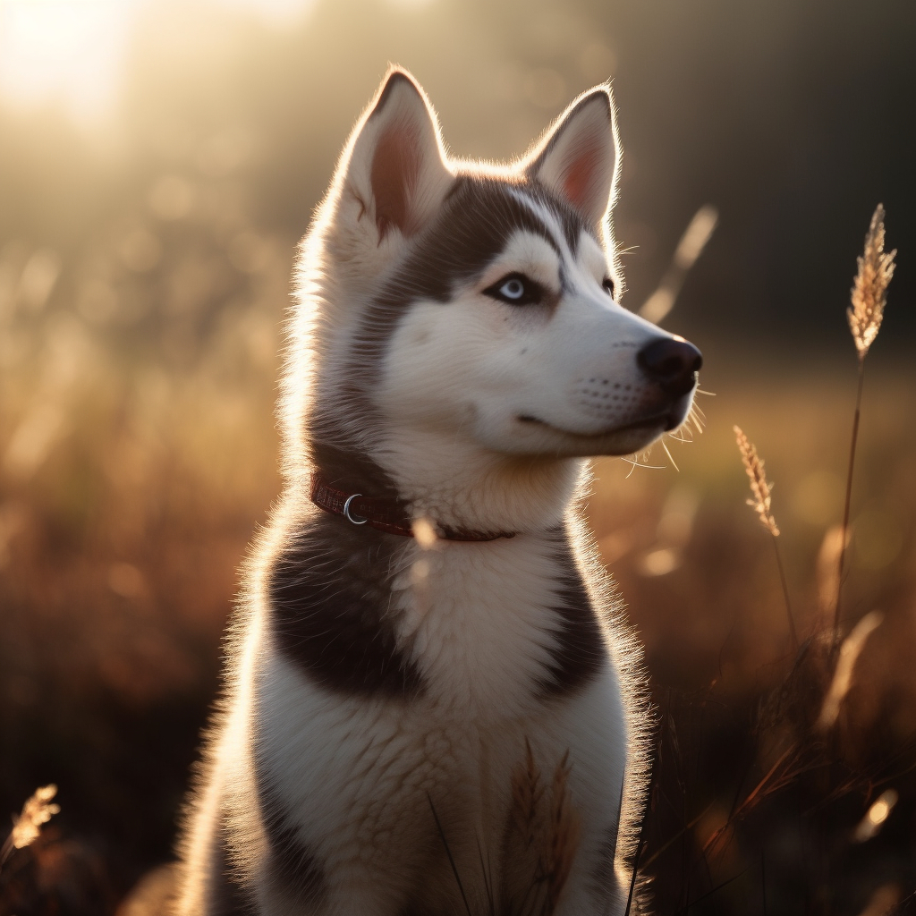 beautiful image of a husky puppy sitting in a grassy field