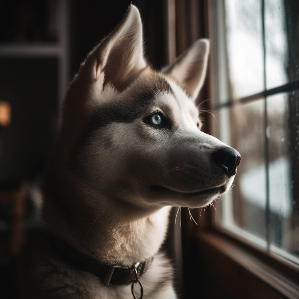 cute picture of a husky puppy looking out the window