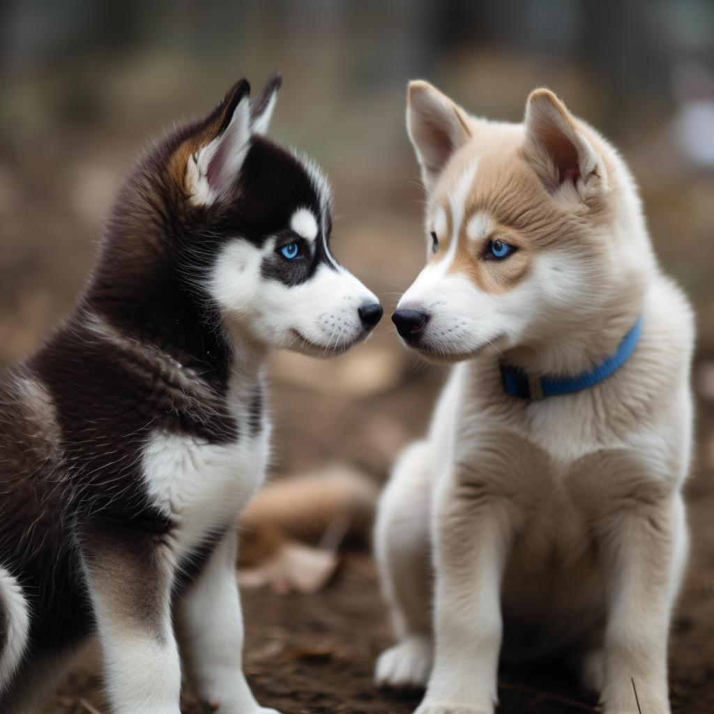 two cute husky puppies looking at each other
