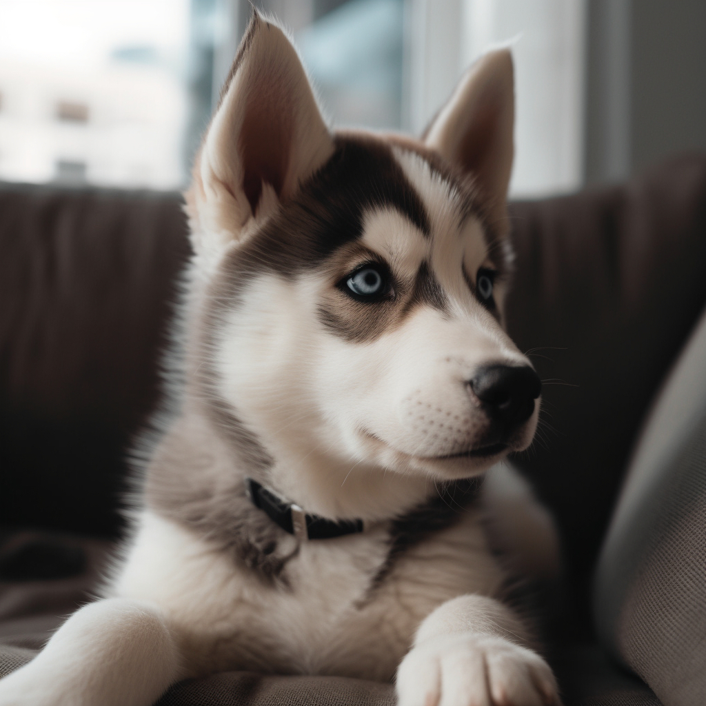 adorable and cute husky puppy laying on the sofa