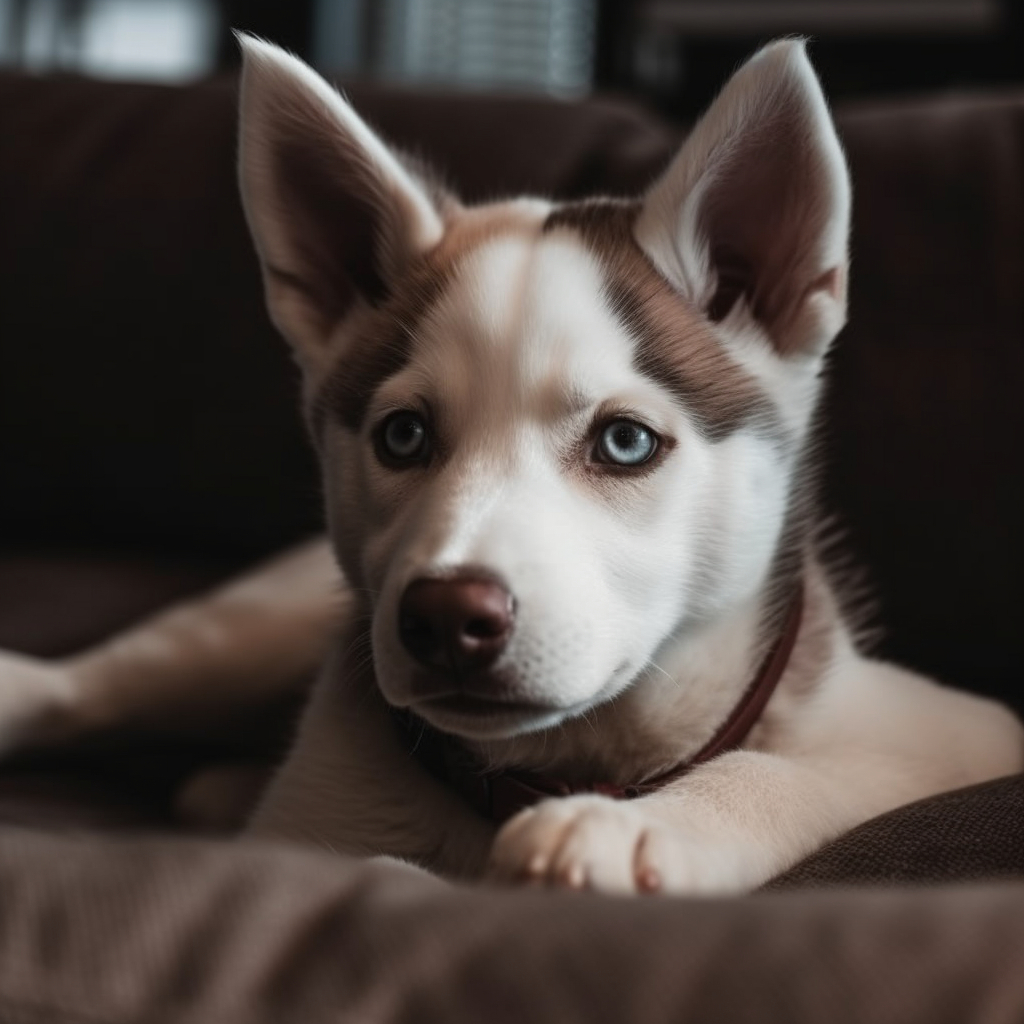 husky puppy laying on the sofa