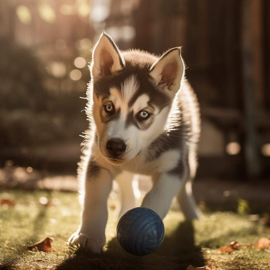 husky puppy having fun chasing a ball